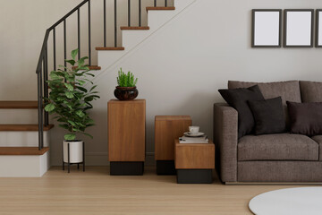 Minimalist Living Room Design with Wooden Tables and Indoor Plant