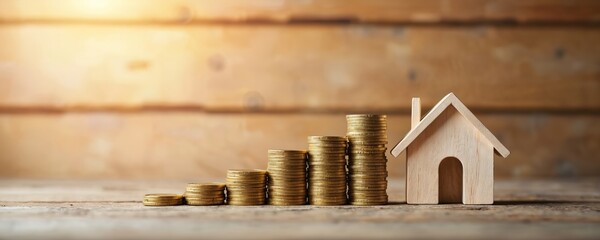 Gold coins stack near miniature wooden house on table. Investment strategy planning for building real estate property. Savings, budget and finance. Home ownership mortgage loan growth.