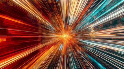 Dynamic abstract light trails radiating from center in vibrant colors. Colorful streaks of motion blur creating high-speed zoom effect against black background with copy space for tech concepts.