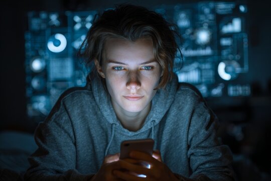 Intense gaze of a young woman illuminated by her smartphone screen against a backdrop of complex data visualizations, depicting information processing and technology use. - Powered by Adobe
