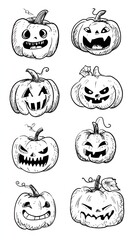Obraz premium Halloween Pumpkin Doodle Set – Isolated on White Vector Mockup