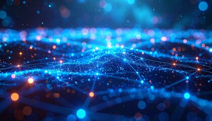 Connected network nodes glowing and pulsing with energy in a digital landscape, representing the flow of information and advanced technology.