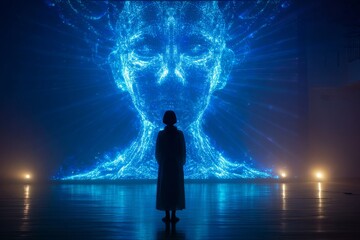 Fototapeta premium A woman stands before a large digital projection of a glowing blue face, illuminated screen filling the room, reflecting on shiny floor, creating a futuristic ambiance.