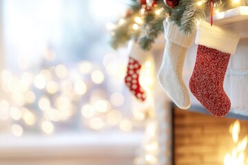 Cozy christmas scene with stockings by fireplace and glowing tree