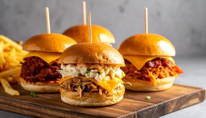 Appetizing mini-burgers arranged on a wooden board next to crispy fries. Each slider is topped with different ingredients