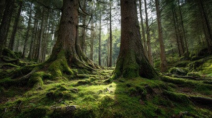 Obraz premium Forest floor sunlight trees roots