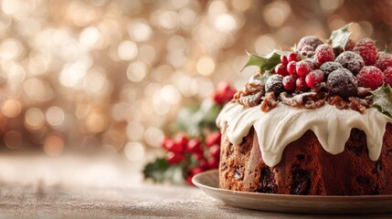 Festive christmas fruitcake standing on table with bokeh background