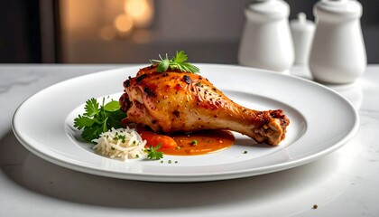 Appetizing roasted chicken drumstick on white plate. Garnished with parsley, carrots, and rice. Salt/pepper shakers blurred in background