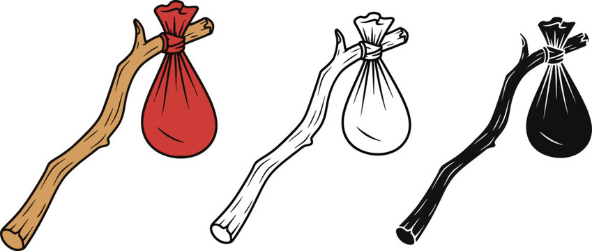 Hobo stick vector illustration with red bag and black outline