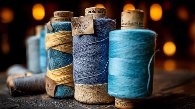 Colorful Spools of Thread on Wooden Surface Close Up.