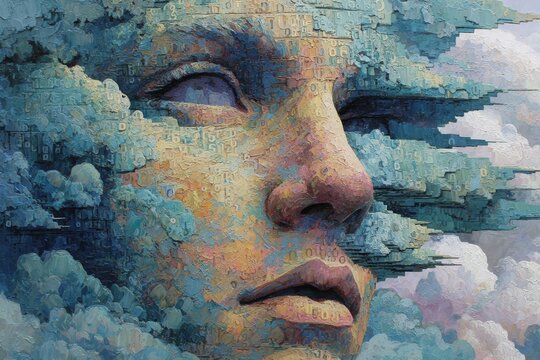 An artistic rendering of a human face merging with digital cloud formations, showcasing a blend of technology and humanity, captured in an impasto-style painting. - Powered by Adobe