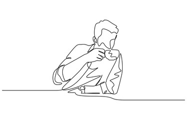 One continuous line drawing of young happy man enjoying and holding a cup of coffee, Isolated on transparent background