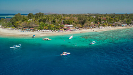 Amazing aerial view of Gili Air coastline on a sunny day, Indonesia