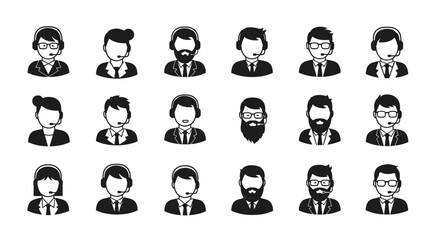 Collection of Diverse Customer Service Representative Icons with Headsets.