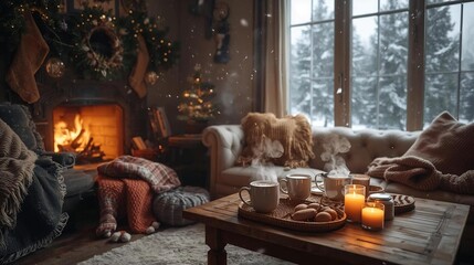 Naklejka premium Cozy winter scene with warm living room, soft blankets, steaming drinks, woolen socks, flickering candles, gentle snow outside, soft lighting, rich textures, and comforting, peaceful atmosphere.