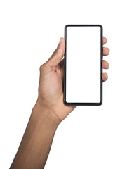 Mobile phone in hand, African American person holding smartphone with blank display. Modern digital