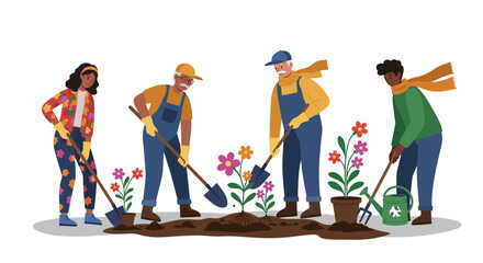 Diverse group of gardeners planting flowers in springtime