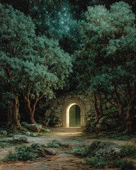Obraz premium Enchanting portal bathed in soft light, nestled within a dense, moonlit forest, inviting passage to a hidden realm