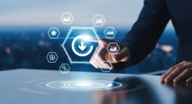 Futuristic Time Management - Finger Tapping Holographic Clock Icon on Cityscape Background.