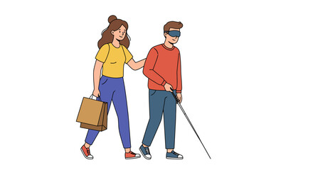 Friendly companionship: woman guiding visually impaired man with shopping bags