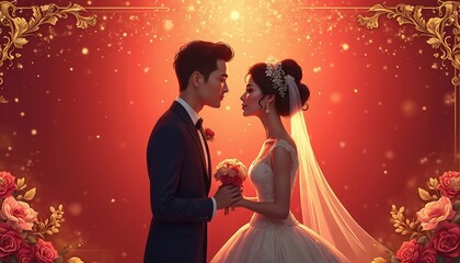 Bride and groom look at each other at wedding day. Man in suit, woman in luxury dress hold flower bouquet. Red background with golden ornaments. Romantic moment, celebration, love story.