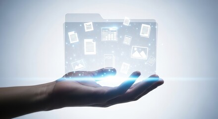 Glowing Hand Interacting with Virtual Data Folder  Floating Digital Files in a Futuristic Setting.