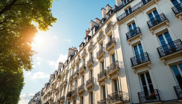 Haussmannian Parisian apartment building facade with many ornate wrought iron balconies under sunny blue sky. Bright sunlight illuminates elegant architecture, casting sharp shadows on street below.