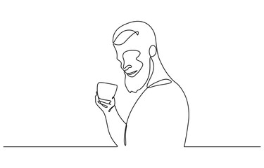 One continuous line drawing of young happy man enjoying and holding a cup of coffee, Isolated on transparent background