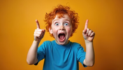 Excited redhead boy shouts pointing fingers up with joy and amazement. Surprised ginger kid with open mouth has a great idea. Happy emotional child shows a eureka moment on orange background.