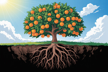 Healthy orange tree with abundant fruit and strong visible roots