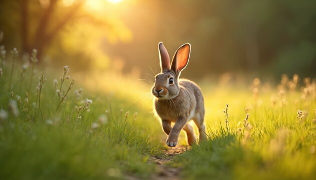 Brown rabbit runs through a sunlit green meadow. Blurred background with trees shows golden hour light. Small wild creature hops fast on path. - Powered by Adobe