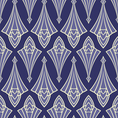 Art Deco brown, blue and yellow seamless pattern. Geometric decorative texture. Vector vintage background.