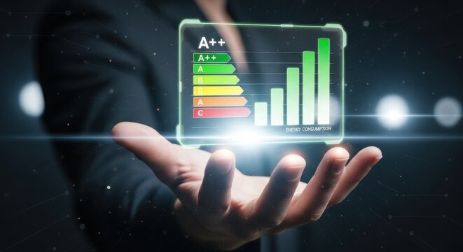 Person Holding Holographic Energy Efficiency Chart, Glowing, Futuristic Concept.