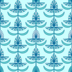 Art Deco style floral seamless pattern. Geometric decorative texture with white and blue flowers on light blue background. Vector vintage illustration.