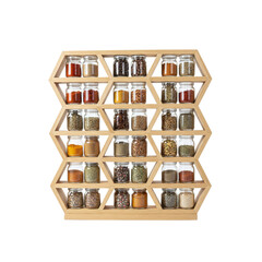 Modern wooden spice rack with assorted spices