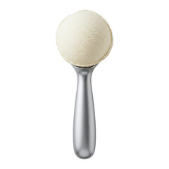 Scoop of vanilla ice cream in metal scooper isolated