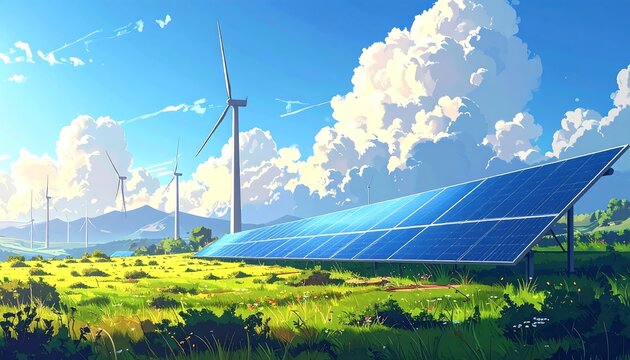 Anime-style landscape depicts a sunny day with renewable energy sources. Solar panels and wind turbines are set against a field with cloudy skies