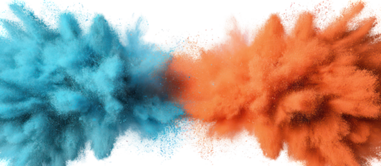 Explosion of blue and orange powder isolated on transparent background