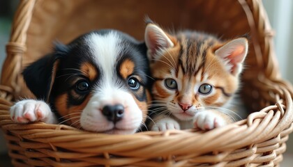 Plakat An adorable puppy and kitten snuggle close in a woven basket. They display friendship warmth and a lovely bond. The pets are cozy in a basket indoors together.