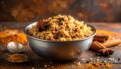 Rice Pilaf in Silver Bowl with Cinnamon Sticks and Star Anise Against Rustic Background