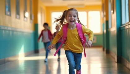 Young girl runs in school hallway with pink backpack. Wears yellow shirt, blue jeans. Girl happy face, excited expression. Students run behind. In elementary school corridor with green, yellow walls.