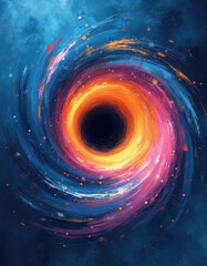 Obraz premium Abstract illustration of black hole in deep space. Colorful cosmic vortex swirls with painterly texture, vibrant energy. Spiral galaxy spins in universe, futuristic science background, artistic
