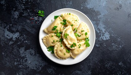 Top View Plate of Golden Pierogi with Parsley on Dark Textured Surface