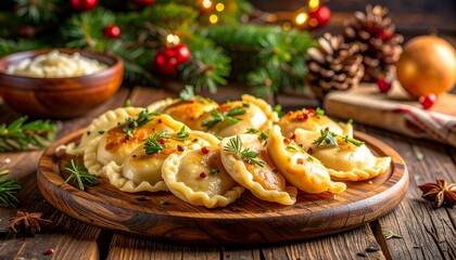 Traditional Polish Pierogi on Rustic Wooden Plate Garnished with Parsley Festive Christmas Decoration Backdrop