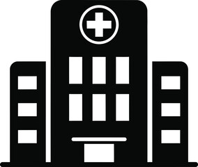 Obraz premium Black Hospital Building Icon with Medical Cross Symbol Vector Illustration