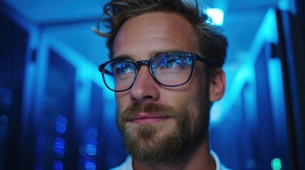 A technical specialist in glasses stands confidently before a server rack, representing expertise in technology.