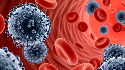 Microscopic view of hiv virus particles and red blood cells in bloodstream - Powered by Adobe