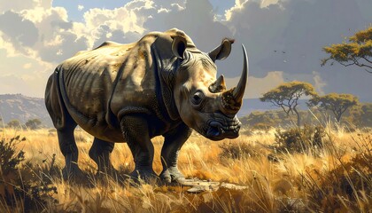 Obraz premium An illustrative depiction of a rhino stands in golden savanna grass under a cloudy sky. Trees dot the background on a sunny day