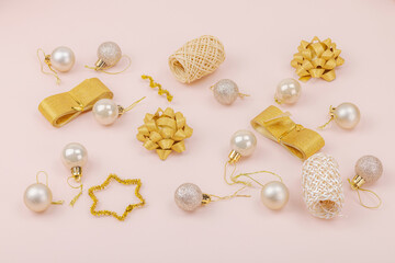Creative Christmas composition. Traditional New Year decor, holiday symbols