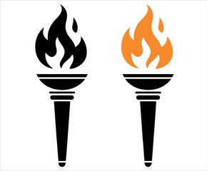 Torch with burning flame vector illustration — black and orange fire symbol representing energy, victory, passion, and sports logo design concept.
